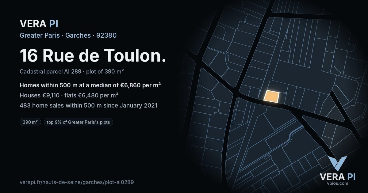 16 Rue de Toulon, Garches at night – the plot lit, the parcels around coloured by the prices near them