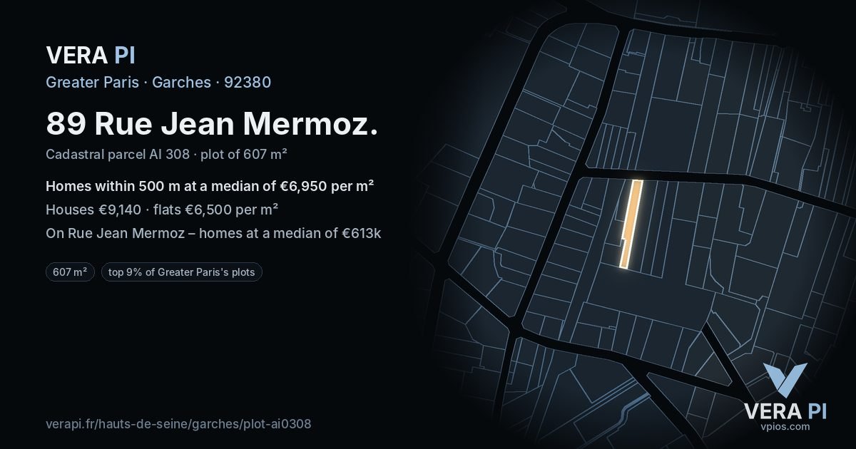 89 Rue Jean Mermoz, Garches at night – the plot lit, the parcels around coloured by the prices near them
