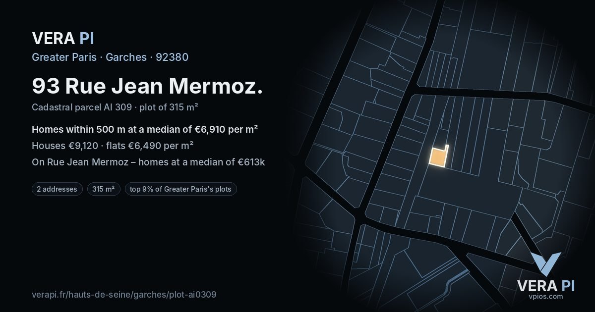 93 Rue Jean Mermoz, Garches at night – the plot lit, the parcels around coloured by the prices near them