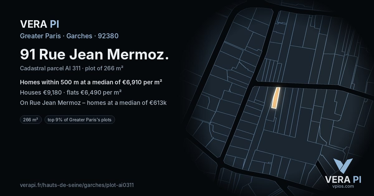91 Rue Jean Mermoz, Garches at night – the plot lit, the parcels around coloured by the prices near them