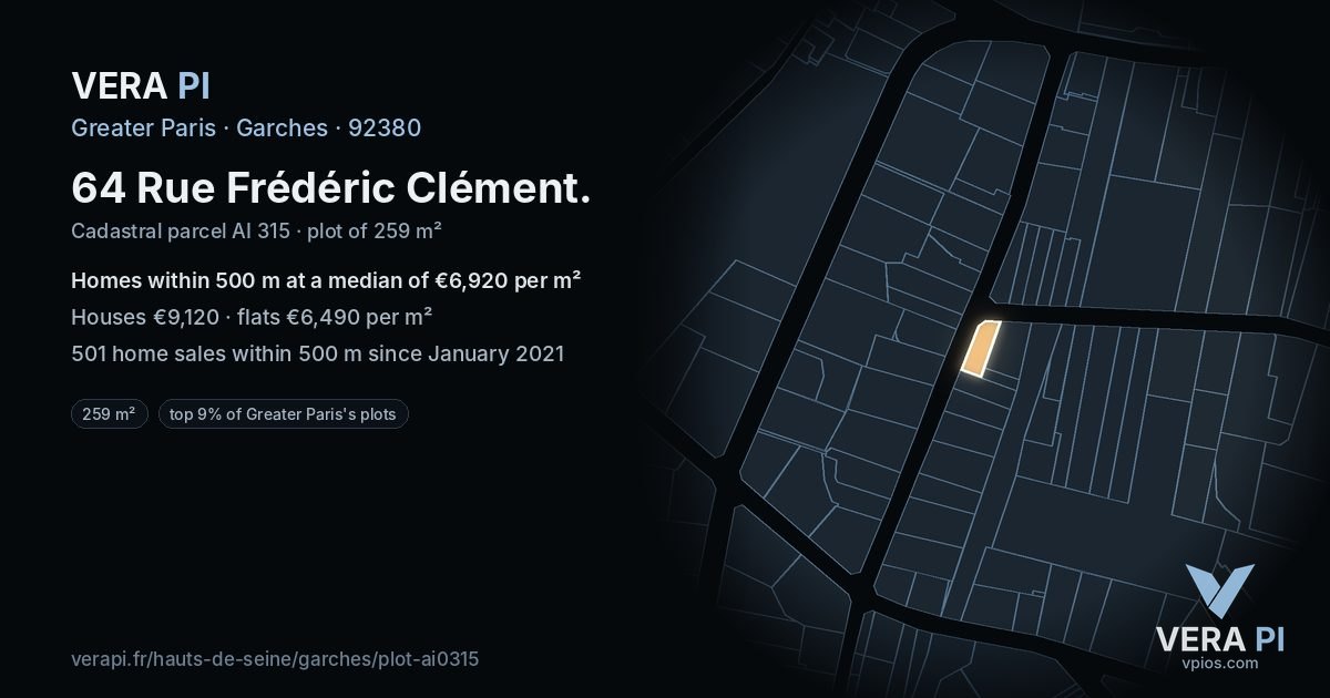64 Rue Frédéric Clément, Garches at night – the plot lit, the parcels around coloured by the prices near them