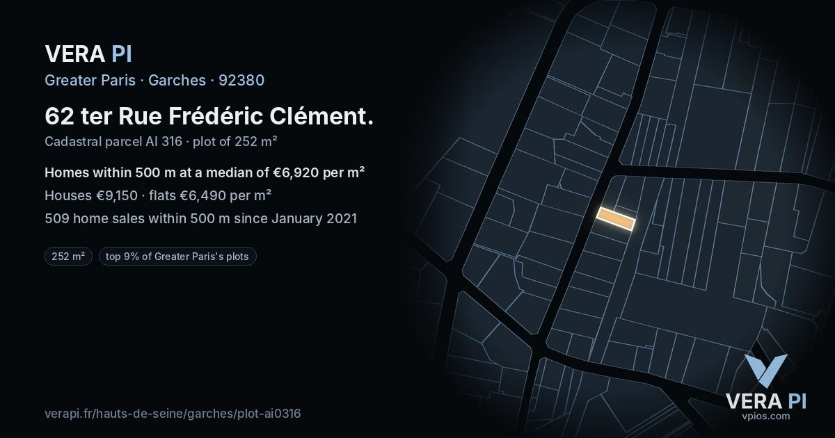 62 ter Rue Frédéric Clément, Garches at night – the plot lit, the parcels around coloured by the prices near them