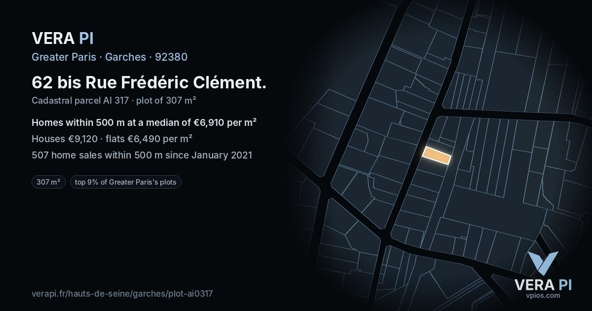 62 bis Rue Frédéric Clément, Garches at night – the plot lit, the parcels around coloured by the prices near them
