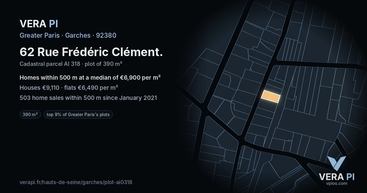 62 Rue Frédéric Clément, Garches at night – the plot lit, the parcels around coloured by the prices near them