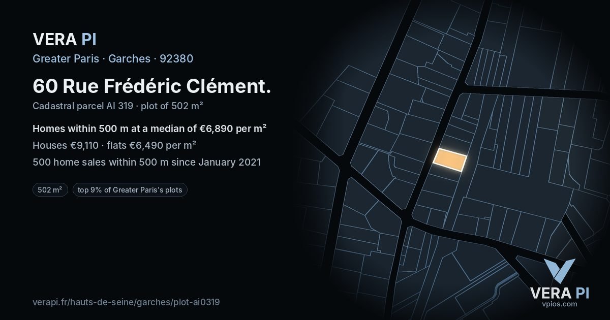 60 Rue Frédéric Clément, Garches at night – the plot lit, the parcels around coloured by the prices near them