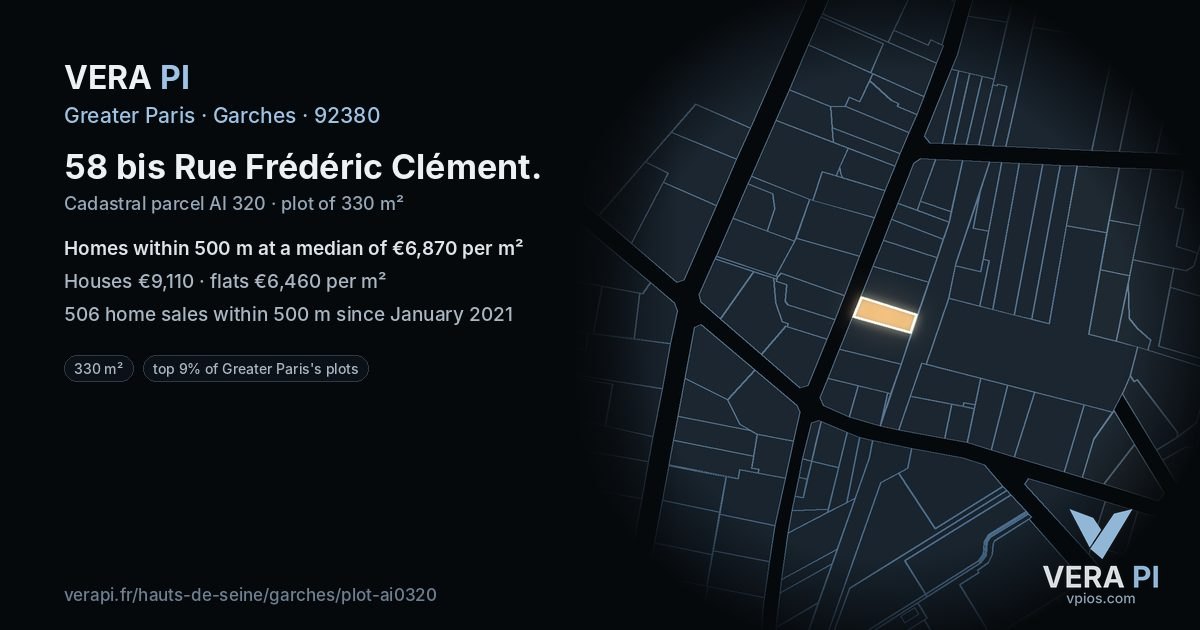 58 bis Rue Frédéric Clément, Garches at night – the plot lit, the parcels around coloured by the prices near them