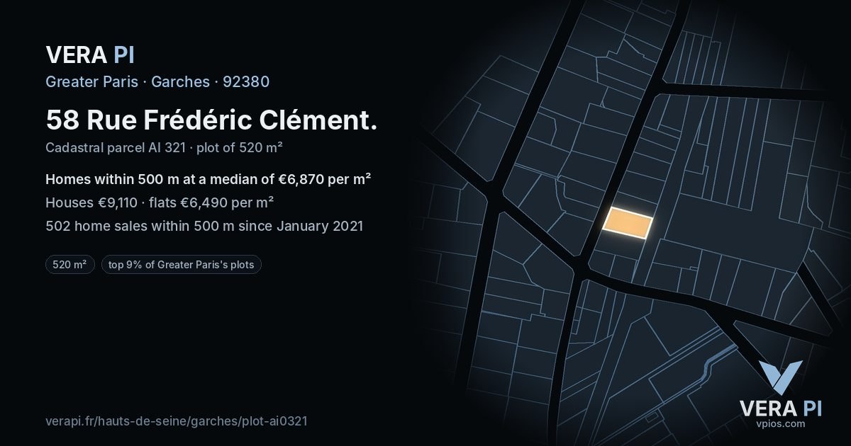 58 Rue Frédéric Clément, Garches at night – the plot lit, the parcels around coloured by the prices near them