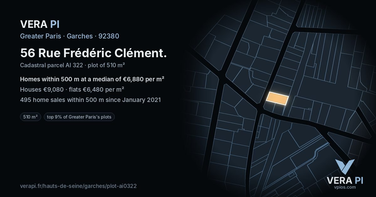 56 Rue Frédéric Clément, Garches at night – the plot lit, the parcels around coloured by the prices near them