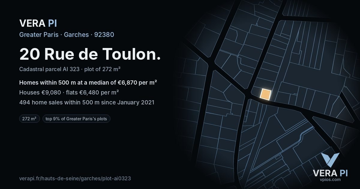 20 Rue de Toulon, Garches at night – the plot lit, the parcels around coloured by the prices near them