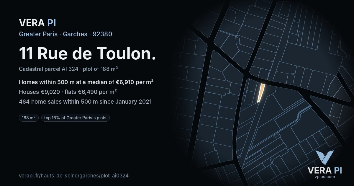 11 Rue de Toulon, Garches at night – the plot lit, the parcels around coloured by the prices near them