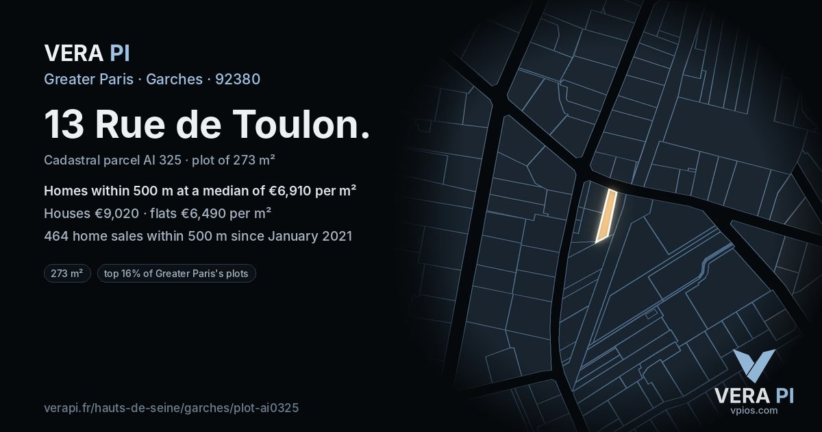 13 Rue de Toulon, Garches at night – the plot lit, the parcels around coloured by the prices near them