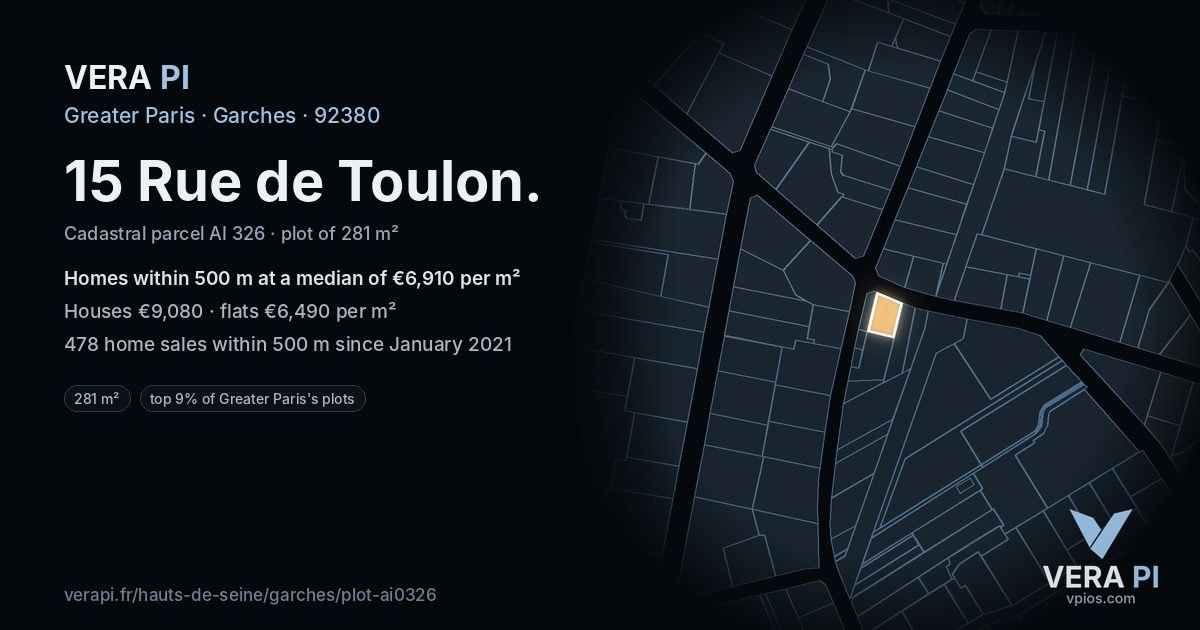 15 Rue de Toulon, Garches at night – the plot lit, the parcels around coloured by the prices near them