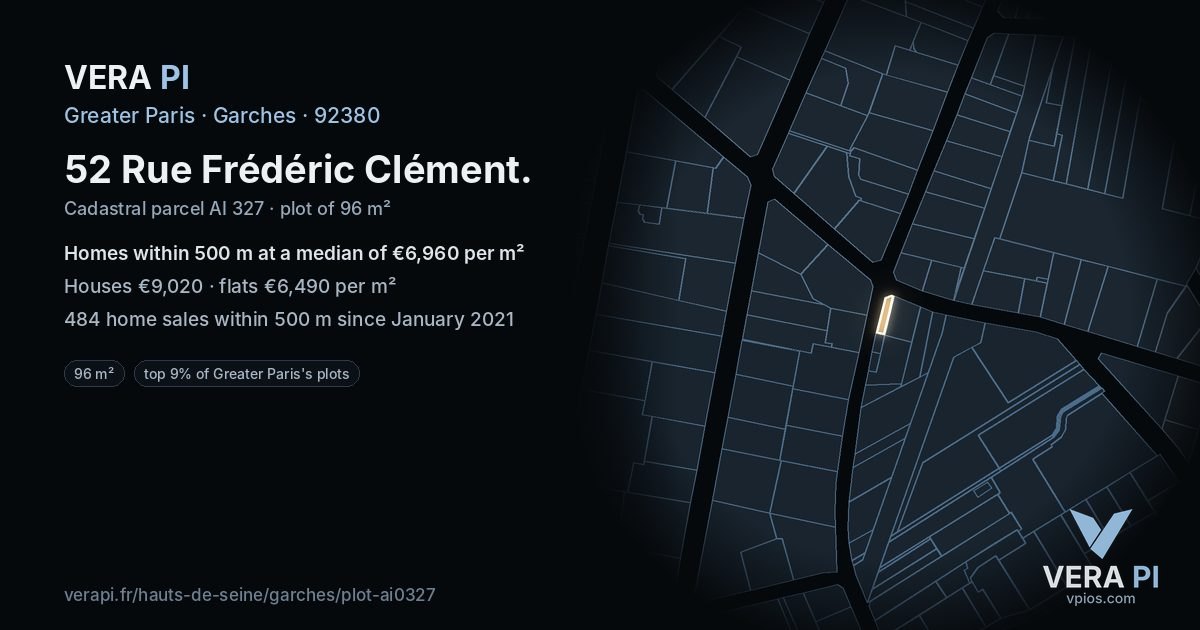 52 Rue Frédéric Clément, Garches at night – the plot lit, the parcels around coloured by the prices near them