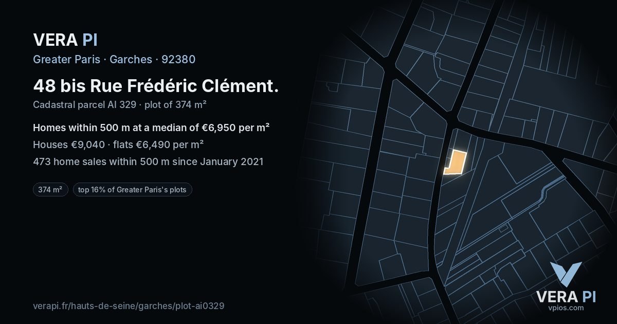 48 bis Rue Frédéric Clément, Garches at night – the plot lit, the parcels around coloured by the prices near them