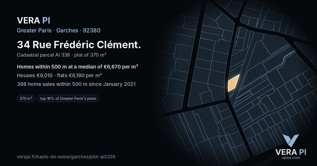 34 Rue Frédéric Clément, Garches at night – the plot lit, the parcels around coloured by the prices near them