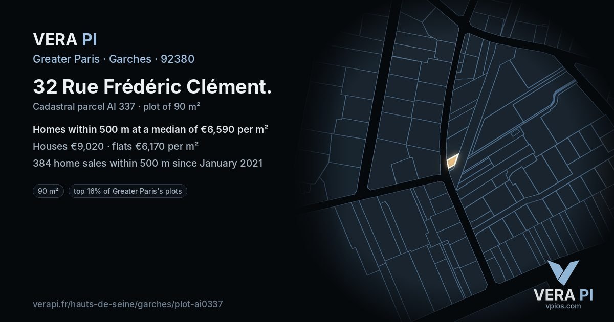 32 Rue Frédéric Clément, Garches at night – the plot lit, the parcels around coloured by the prices near them