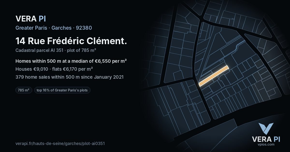 14 Rue Frédéric Clément, Garches at night – the plot lit, the parcels around coloured by the prices near them