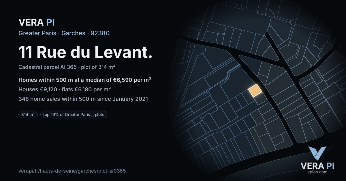 11 Rue du Levant, Garches at night – the plot lit, the parcels around coloured by the prices near them