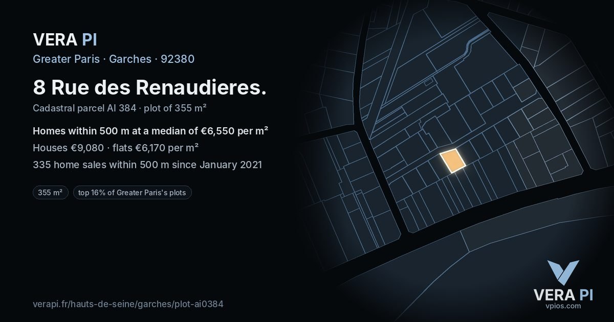 8 Rue des Renaudieres, Garches at night – the plot lit, the parcels around coloured by the prices near them