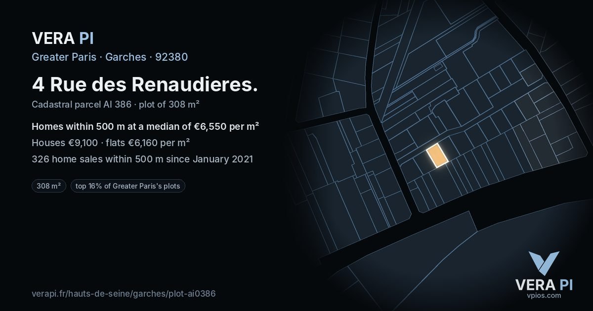4 Rue des Renaudieres, Garches at night – the plot lit, the parcels around coloured by the prices near them