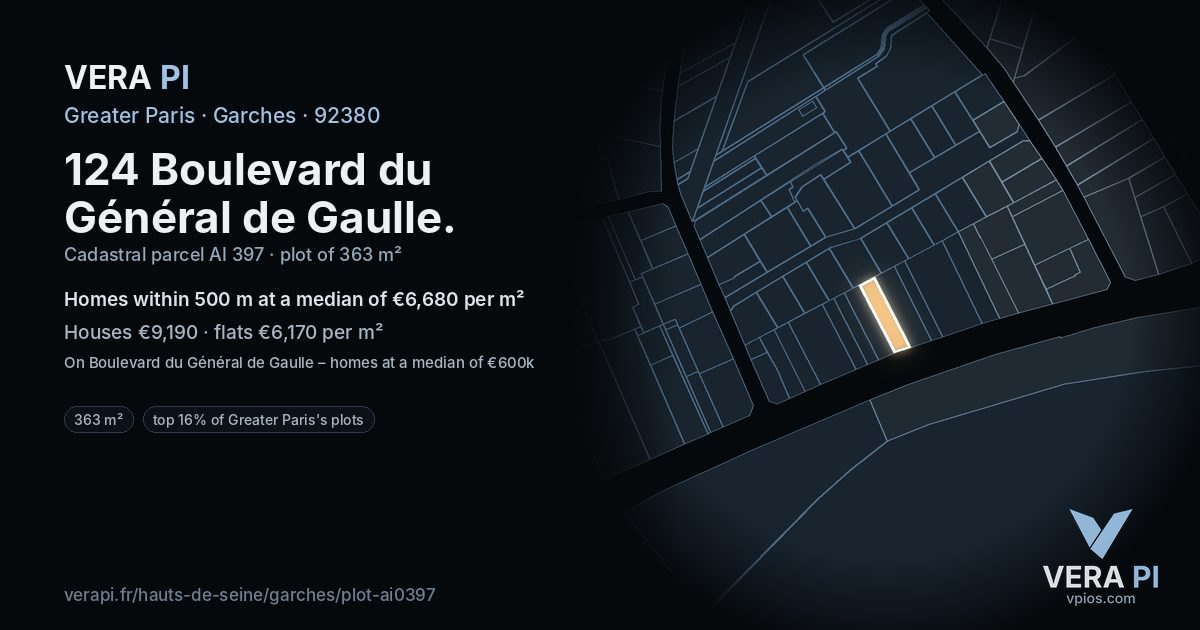 124 Boulevard du Général de Gaulle, Garches at night – the plot lit, the parcels around coloured by the prices near them
