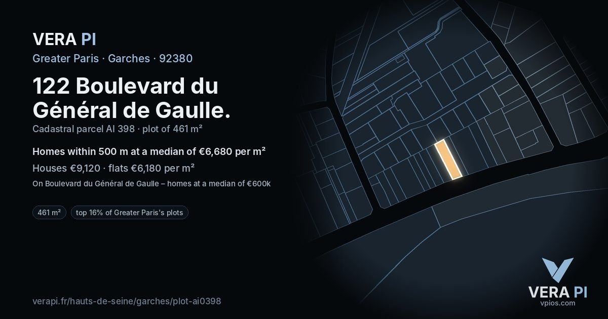 122 Boulevard du Général de Gaulle, Garches at night – the plot lit, the parcels around coloured by the prices near them