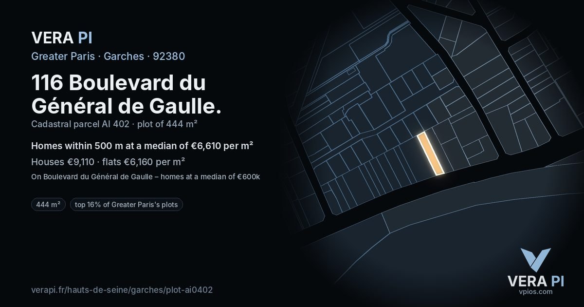 116 Boulevard du Général de Gaulle, Garches at night – the plot lit, the parcels around coloured by the prices near them