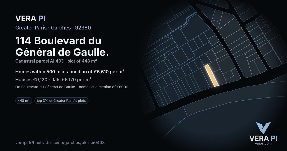 114 Boulevard du Général de Gaulle, Garches at night – the plot lit, the parcels around coloured by the prices near them