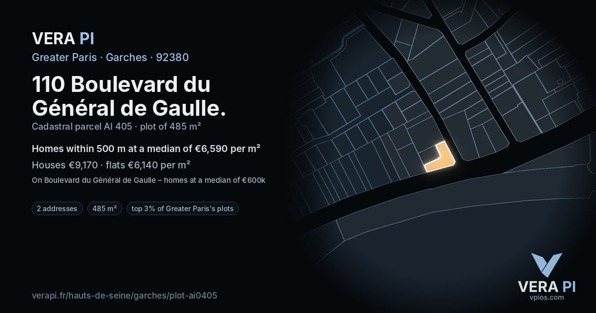 110 Boulevard du Général de Gaulle, Garches at night – the plot lit, the parcels around coloured by the prices near them