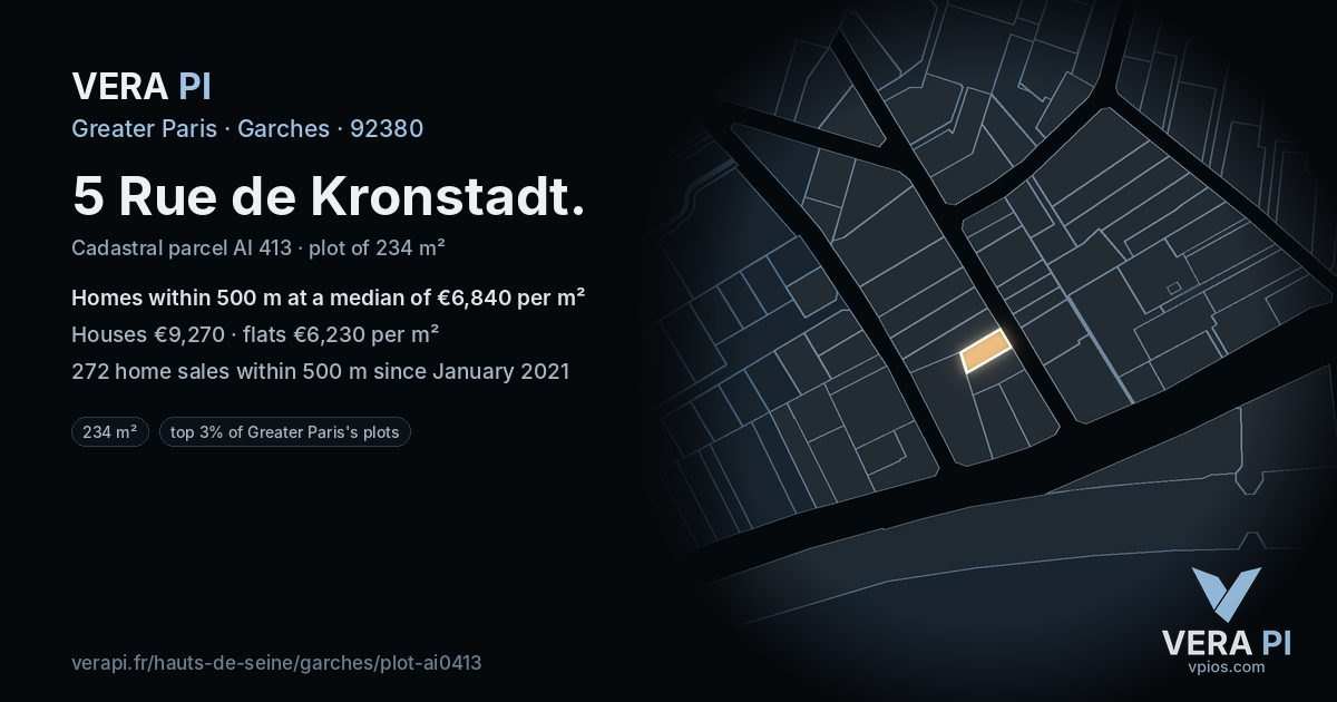 5 Rue de Kronstadt, Garches at night – the plot lit, the parcels around coloured by the prices near them