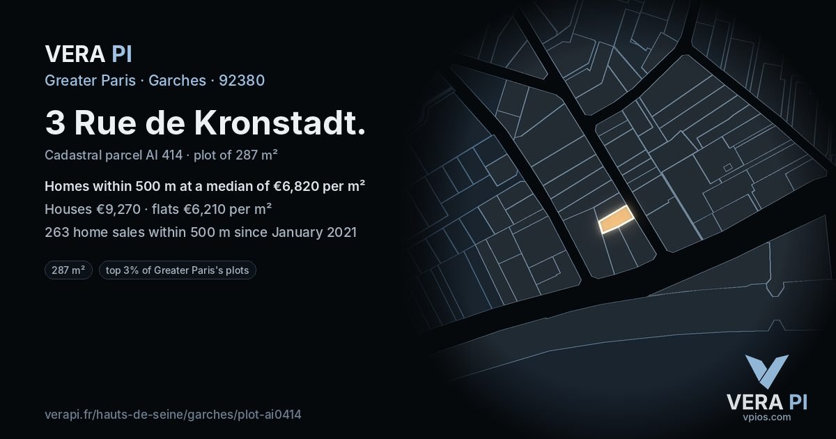 3 Rue de Kronstadt, Garches at night – the plot lit, the parcels around coloured by the prices near them