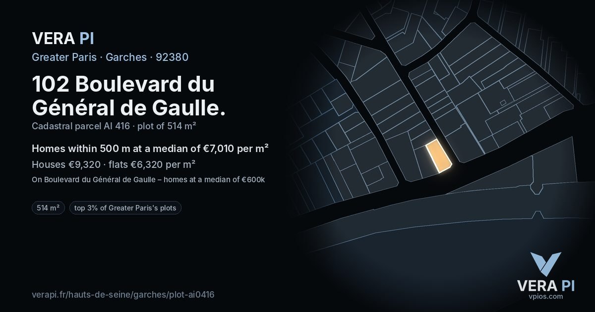 102 Boulevard du Général de Gaulle, Garches at night – the plot lit, the parcels around coloured by the prices near them