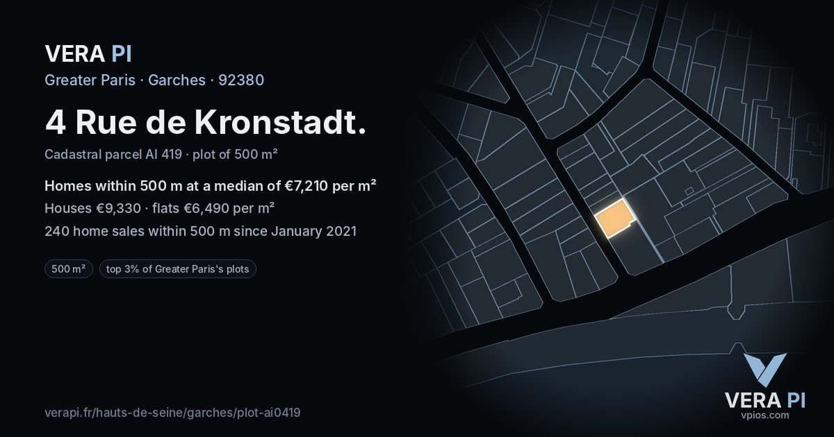 4 Rue de Kronstadt, Garches at night – the plot lit, the parcels around coloured by the prices near them