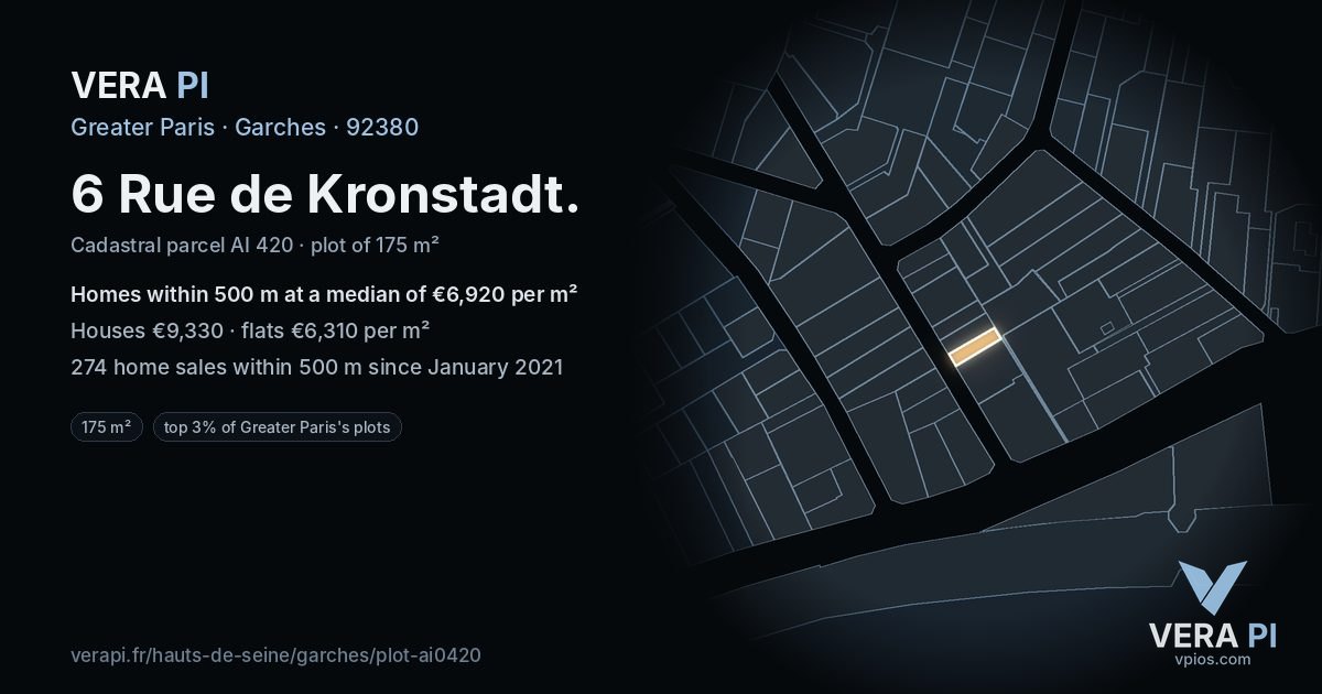 6 Rue de Kronstadt, Garches at night – the plot lit, the parcels around coloured by the prices near them