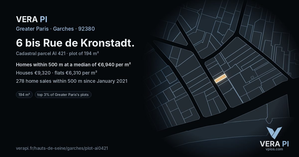 6 bis Rue de Kronstadt, Garches at night – the plot lit, the parcels around coloured by the prices near them