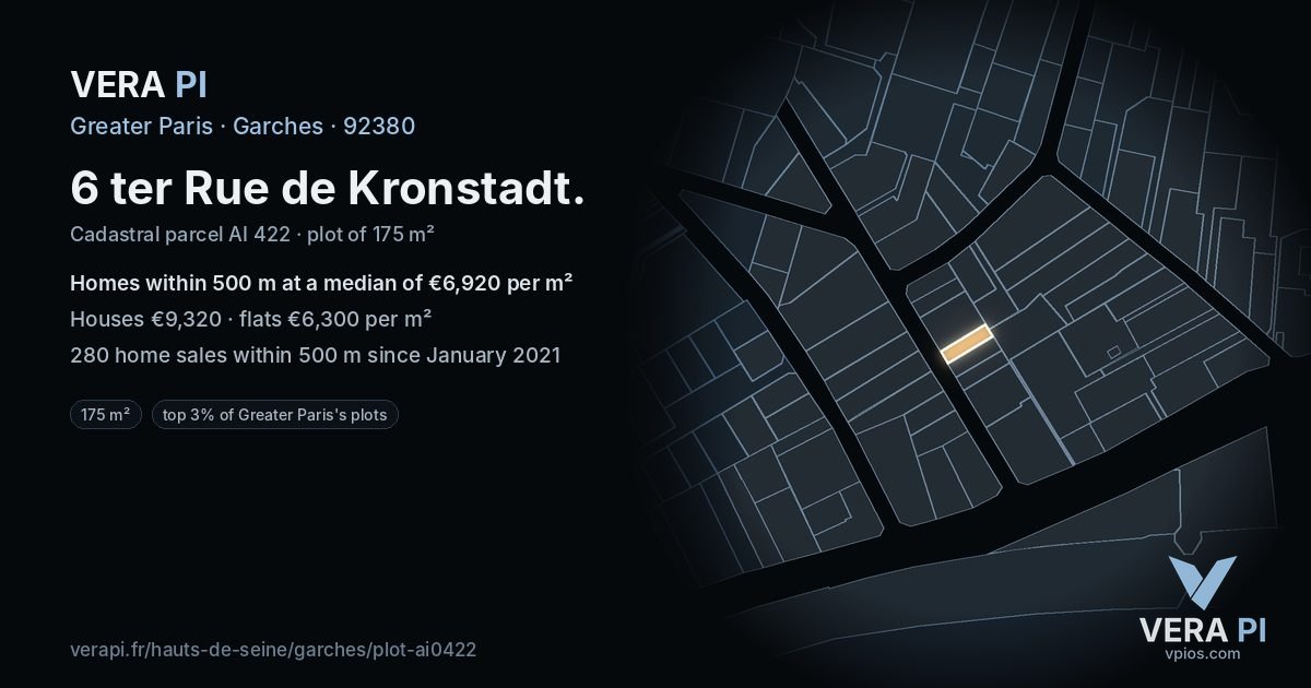 6 ter Rue de Kronstadt, Garches at night – the plot lit, the parcels around coloured by the prices near them