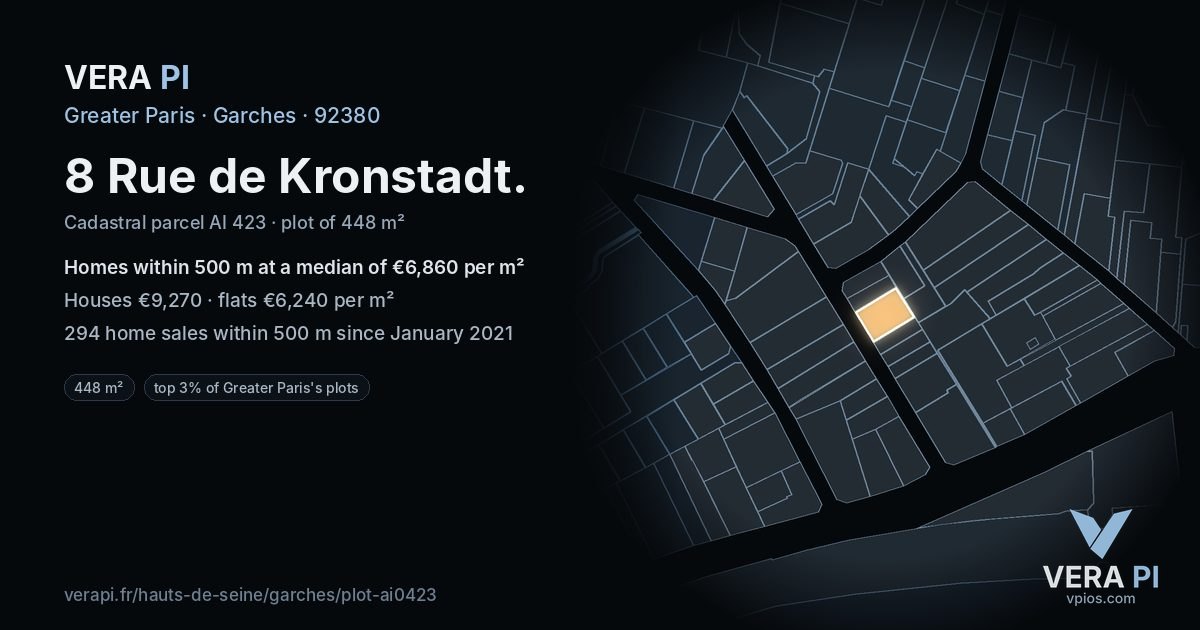 8 Rue de Kronstadt, Garches at night – the plot lit, the parcels around coloured by the prices near them
