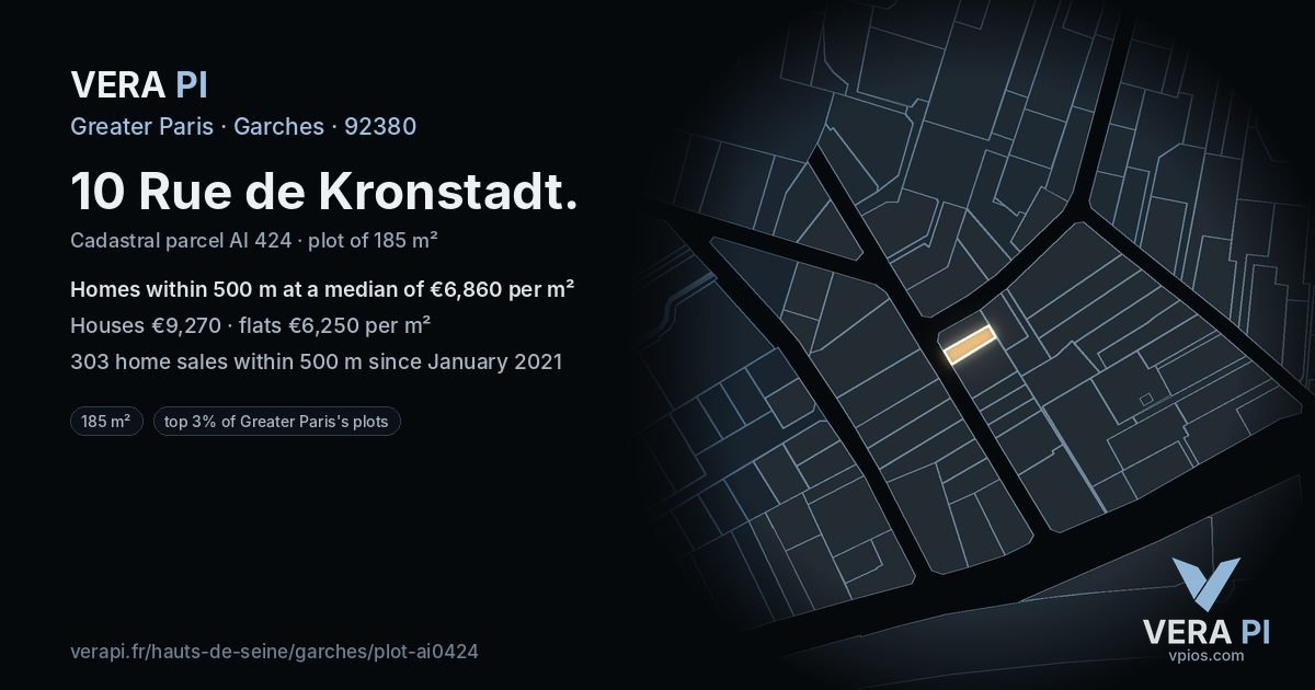 10 Rue de Kronstadt, Garches at night – the plot lit, the parcels around coloured by the prices near them