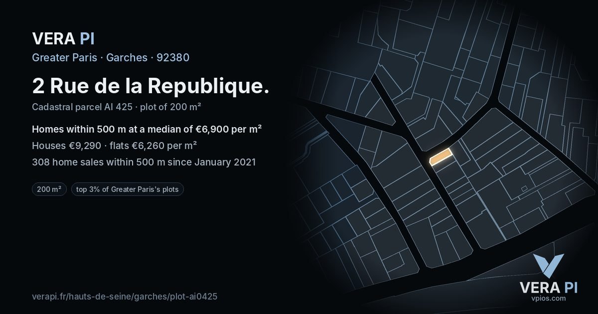 2 Rue de la Republique, Garches at night – the plot lit, the parcels around coloured by the prices near them