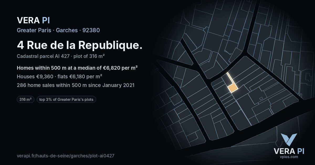 4 Rue de la Republique, Garches at night – the plot lit, the parcels around coloured by the prices near them