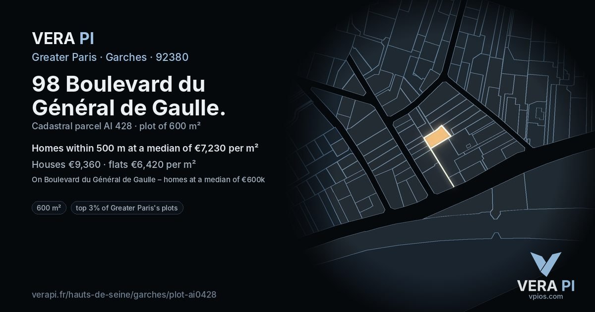 98 Boulevard du Général de Gaulle, Garches at night – the plot lit, the parcels around coloured by the prices near them