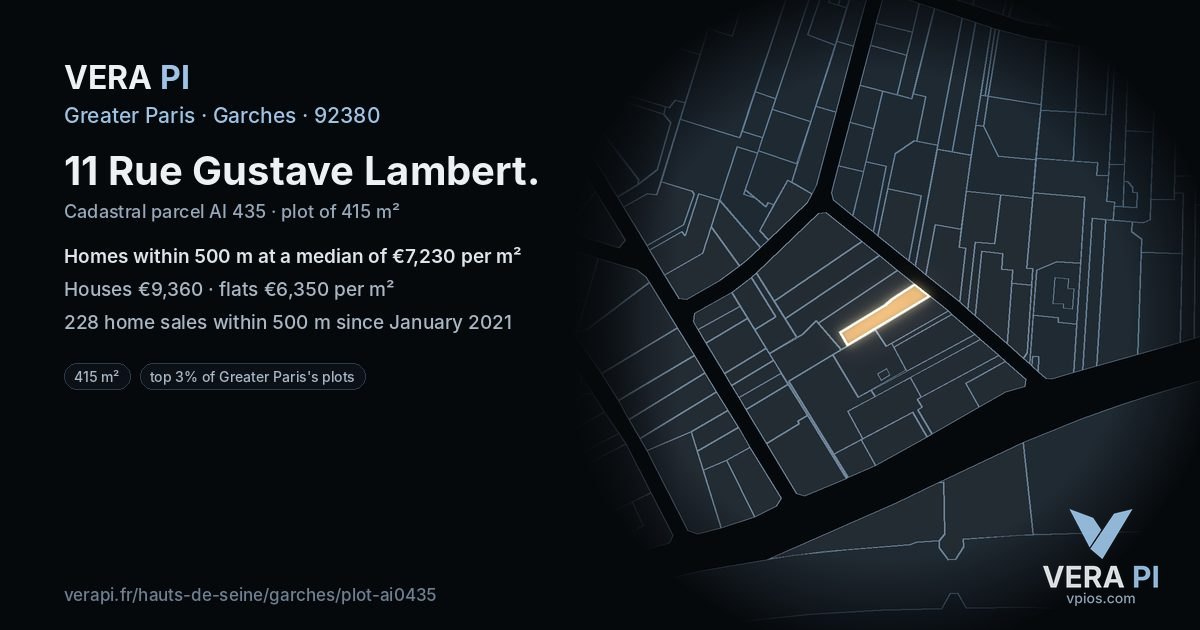 11 Rue Gustave Lambert, Garches at night – the plot lit, the parcels around coloured by the prices near them