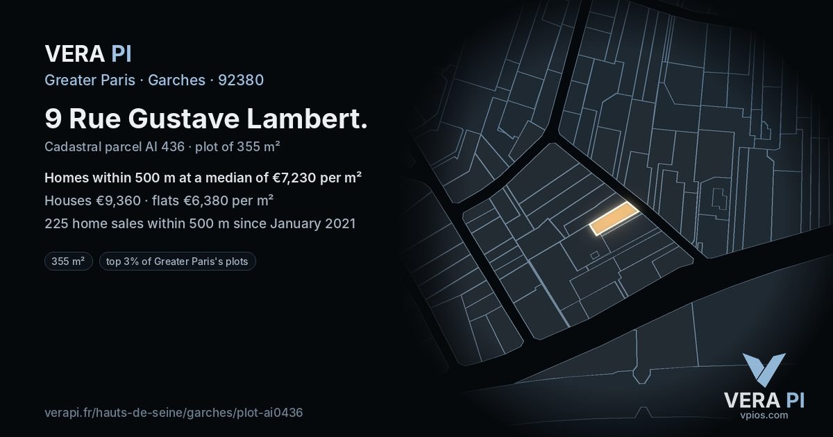 9 Rue Gustave Lambert, Garches at night – the plot lit, the parcels around coloured by the prices near them
