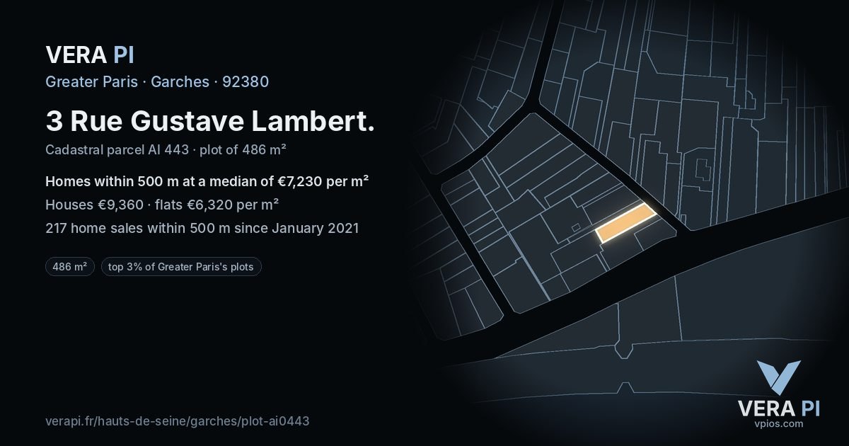 3 Rue Gustave Lambert, Garches at night – the plot lit, the parcels around coloured by the prices near them