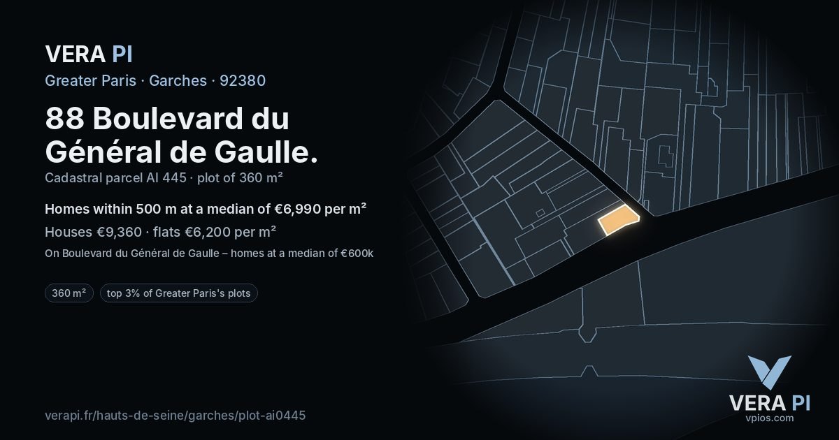 88 Boulevard du Général de Gaulle, Garches at night – the plot lit, the parcels around coloured by the prices near them