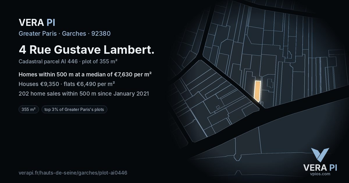 4 Rue Gustave Lambert, Garches at night – the plot lit, the parcels around coloured by the prices near them