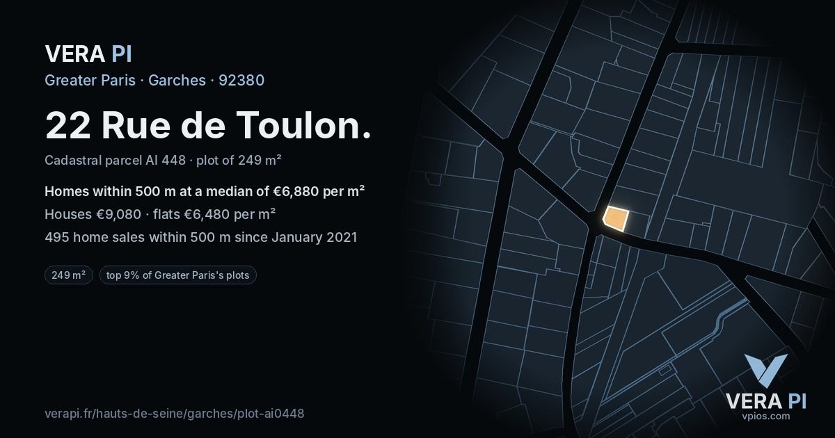 22 Rue de Toulon, Garches at night – the plot lit, the parcels around coloured by the prices near them
