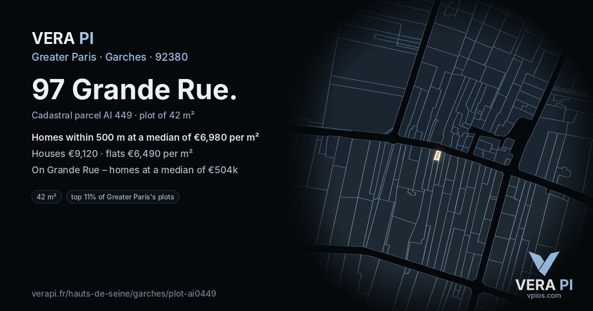 97 Grande Rue, Garches at night – the plot lit, the parcels around coloured by the prices near them