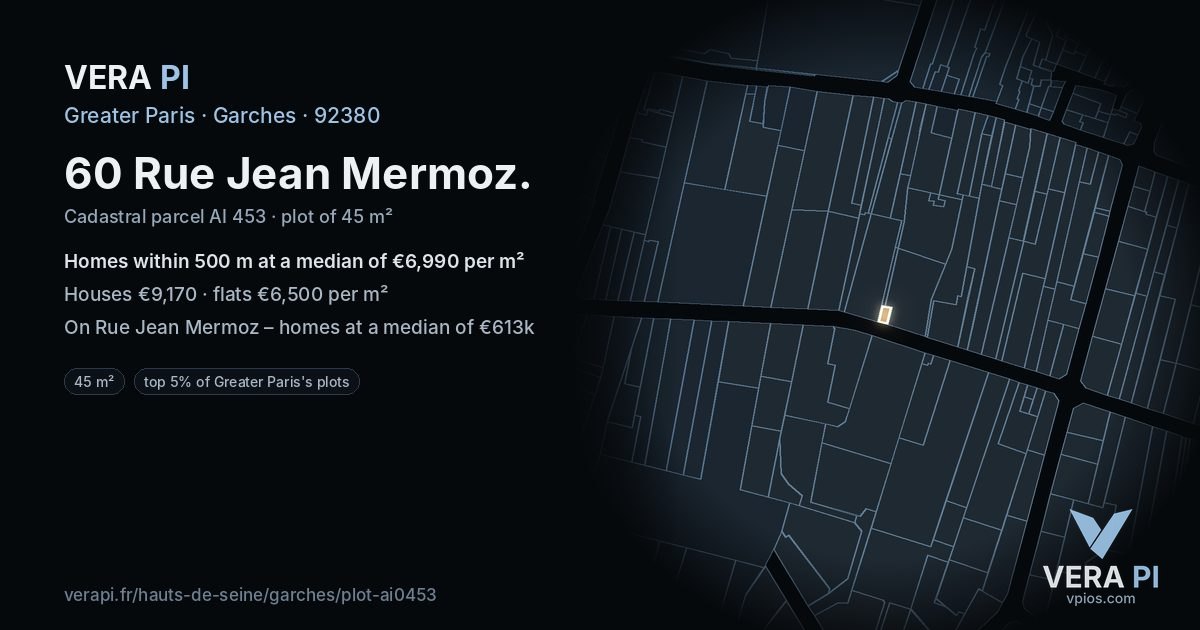 60 Rue Jean Mermoz, Garches at night – the plot lit, the parcels around coloured by the prices near them