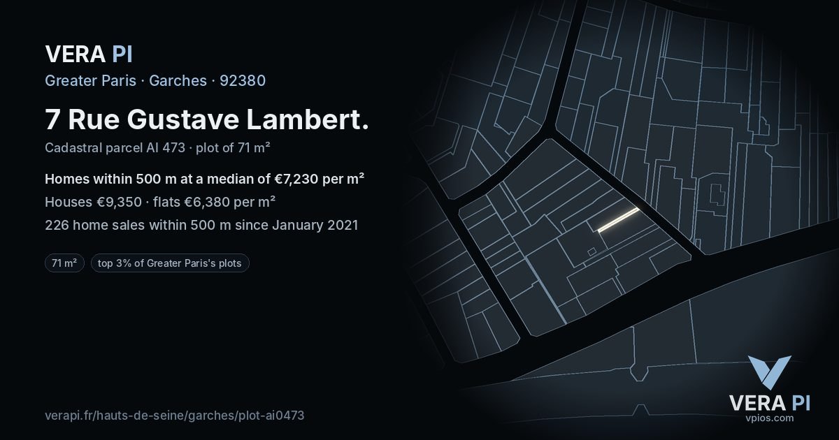 7 Rue Gustave Lambert, Garches at night – the plot lit, the parcels around coloured by the prices near them